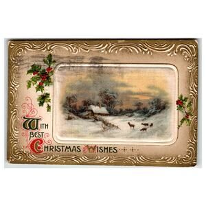 Vintage Winsch Back Embossed Christmas Postcard Snowy Cabin & Deer Scene 1913